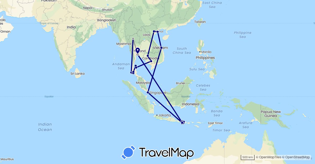 TravelMap itinerary: driving, plane in Indonesia, Cambodia, Singapore, Thailand, Vietnam (Asia)